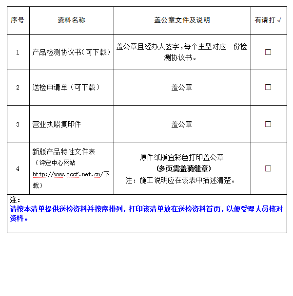 飾面型防火涂料產品認證型式試驗業務受理送檢資料清單（廣東所）