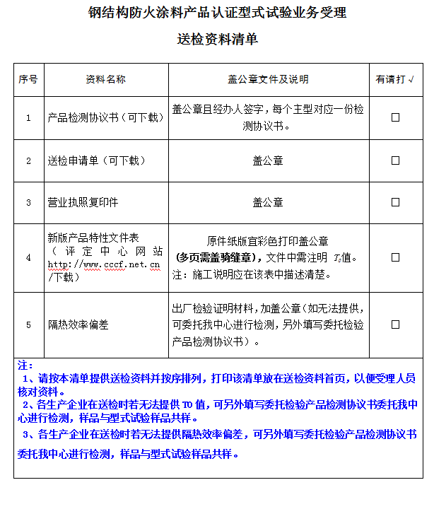 鋼結構防火涂料產品認證型式試驗業務受理送檢資料清單（廣東所）