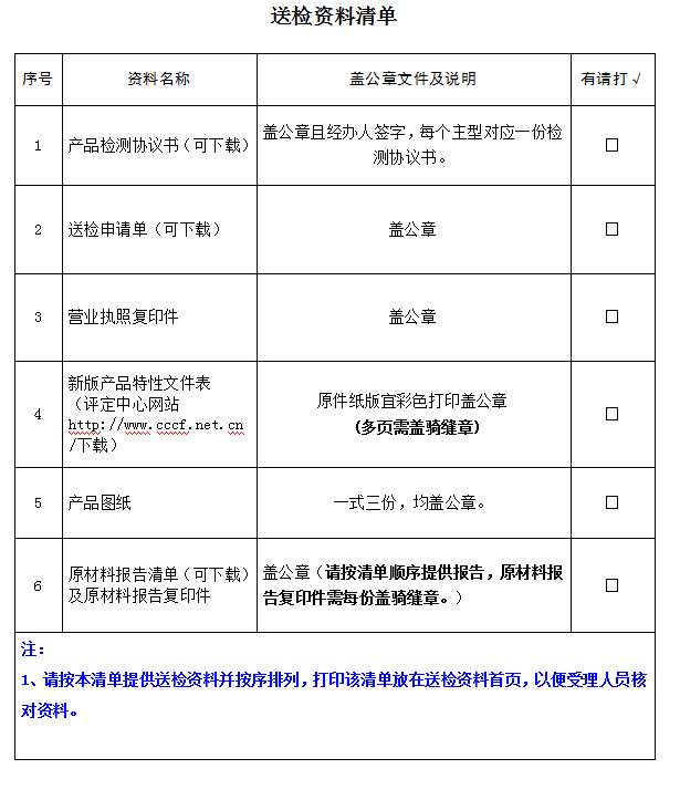 消防水槍產(chǎn)品認(rèn)證型式試驗(yàn)業(yè)務(wù)受理送檢資料清單（廣東所）