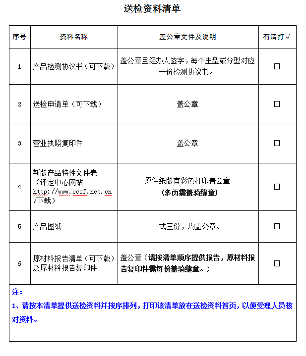 消防接口產品認證型式試驗業務受理送檢資料清單（廣東所）