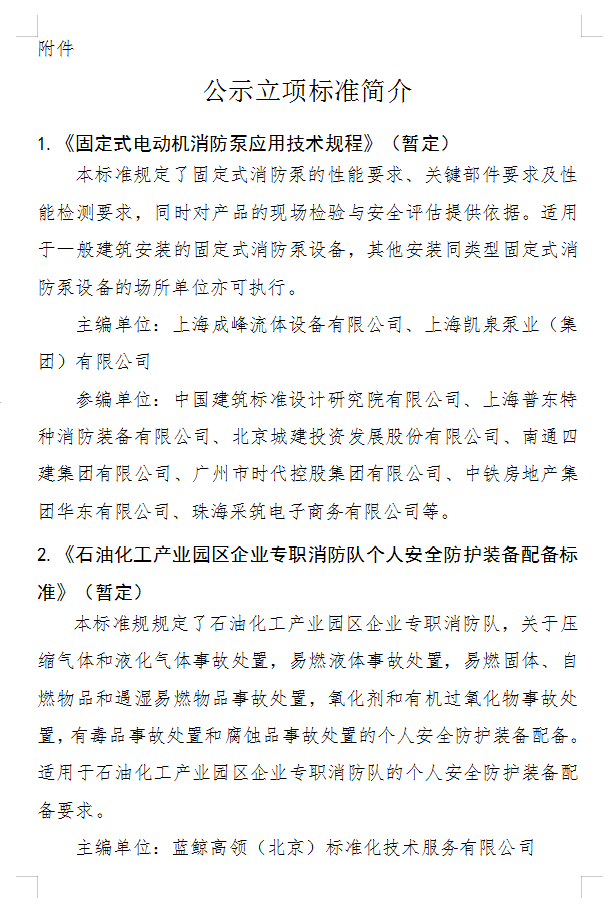 關于《固定式電動機消防泵應用技術規程》等四部團體標準立項的公示