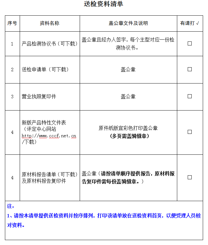滑輪裝置產品認證型式試驗業務受理送檢資料清單（廣東所）
