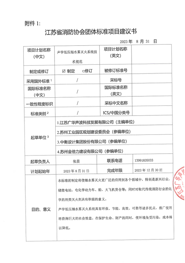 關于團體標準《聲學低壓細水霧滅火系統技術規范》 立項的公示