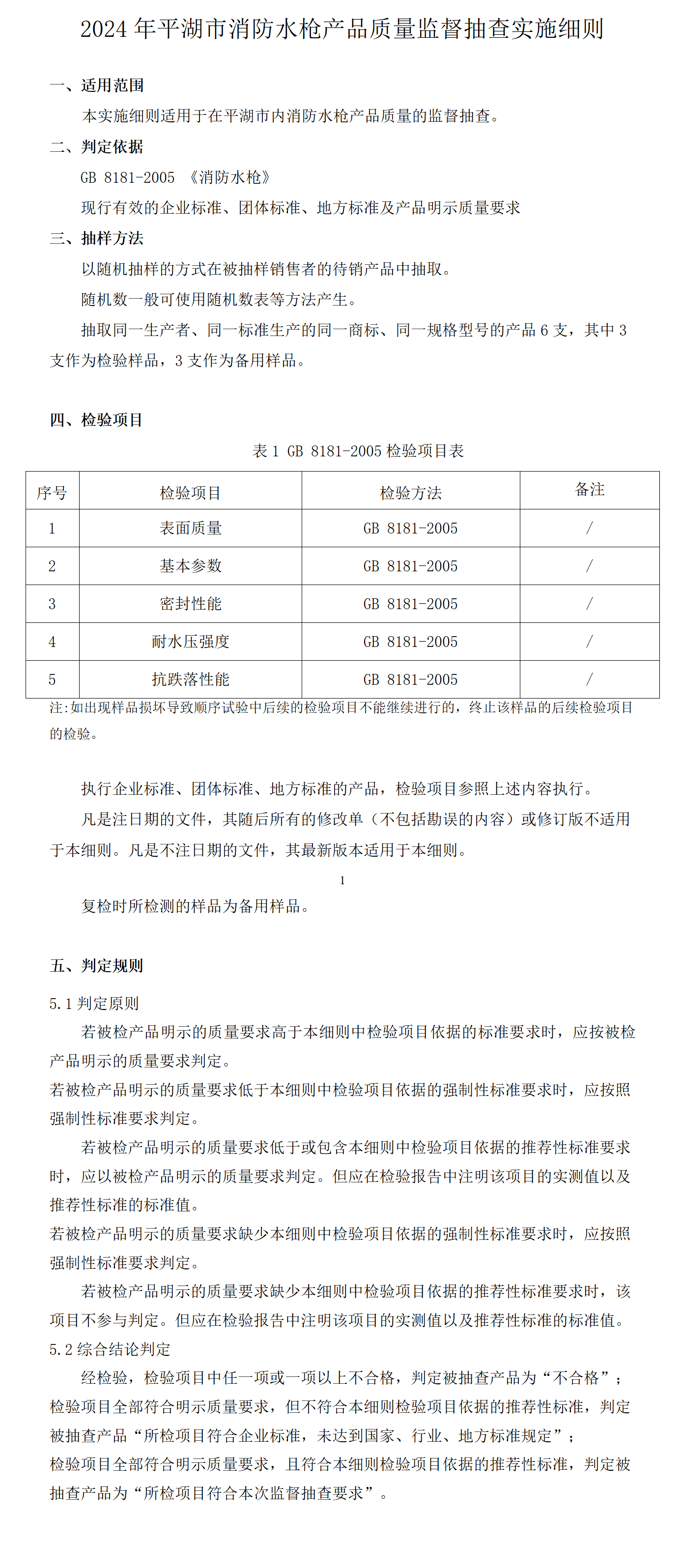2024年平湖市消防水槍產品質量監督抽查實施細則